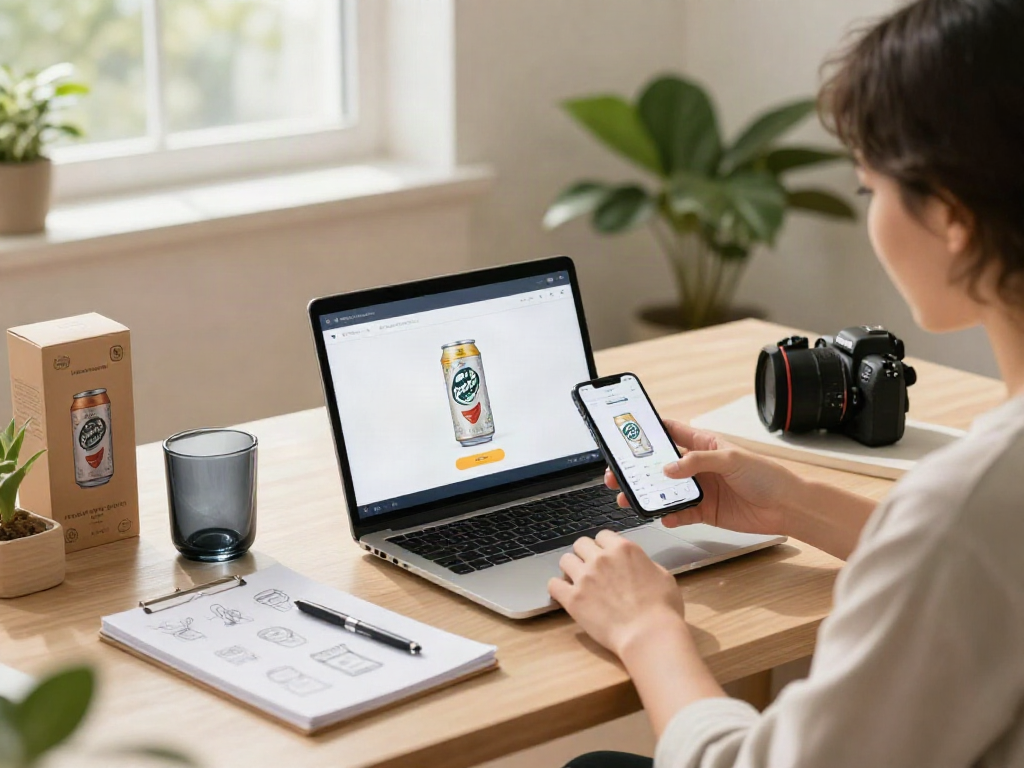 Using an Amazon product photo generator to create professional product images in a modern workspace.