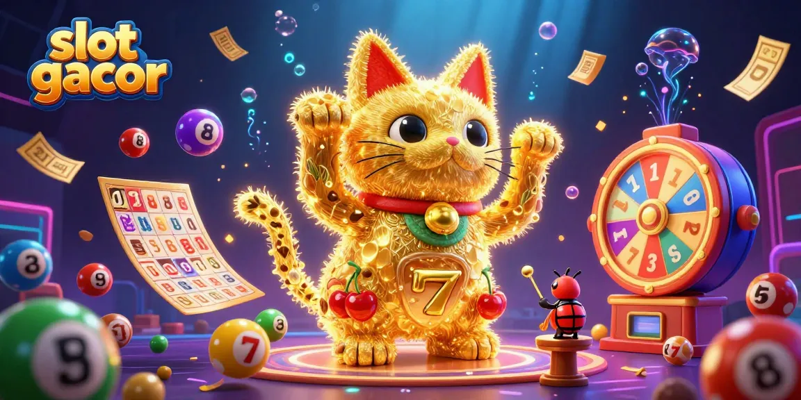 Experience slot gacor excitement with a golden lucky cat in a vibrant casino scene.