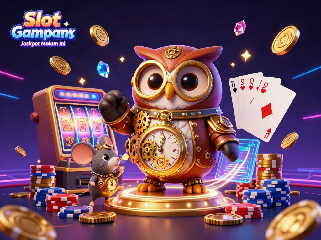 Rasakan keseruan Slot Gampang Jackpot Malam Ini dengan ilustrasi 3D menakjubkan yang menampilkan slot mesin yang berputar dan karakter menarik.