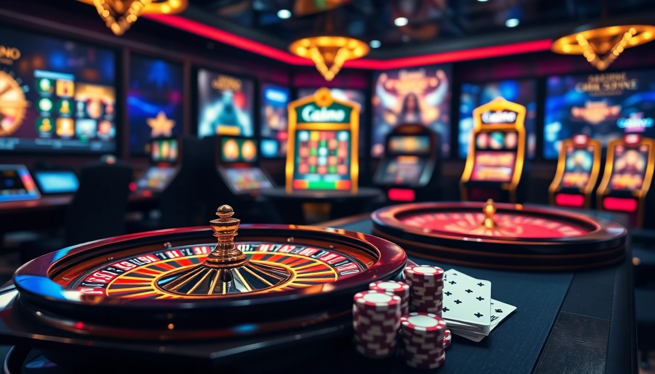 Scène de jeu en ligne captivante capturant l'excitation du casino en ligne argent réel avec roulette et machines à sous.