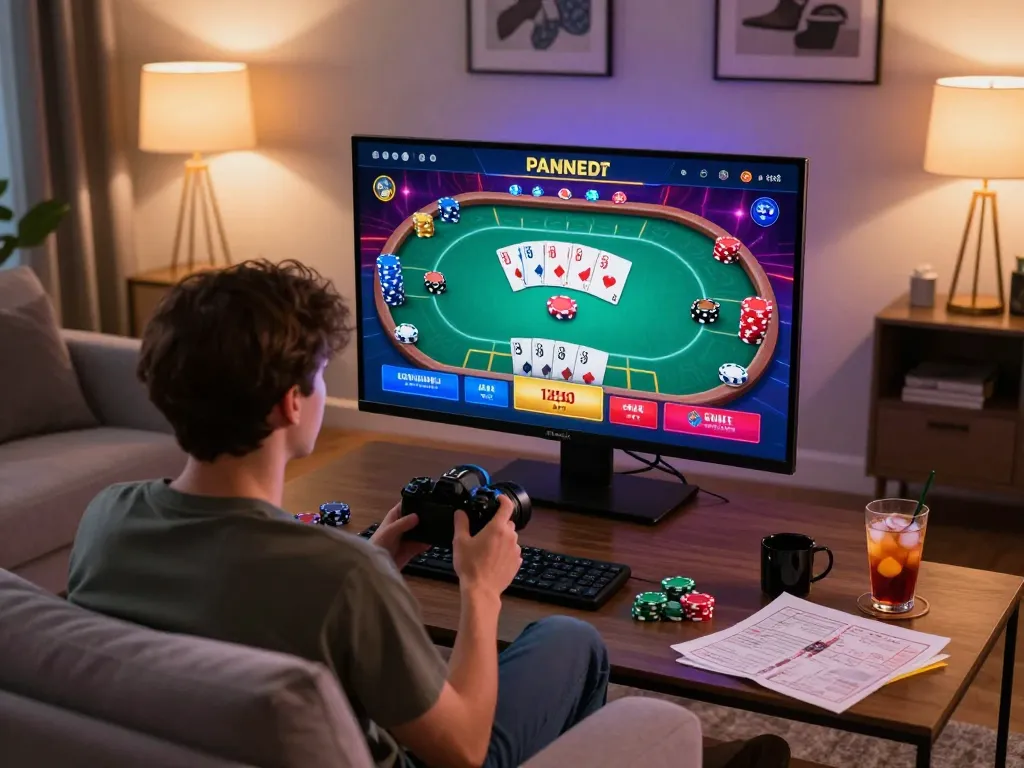 Engaged user playing hitclubapk on mobile app, poker game interface illuminated, strategic approach to online gambling.