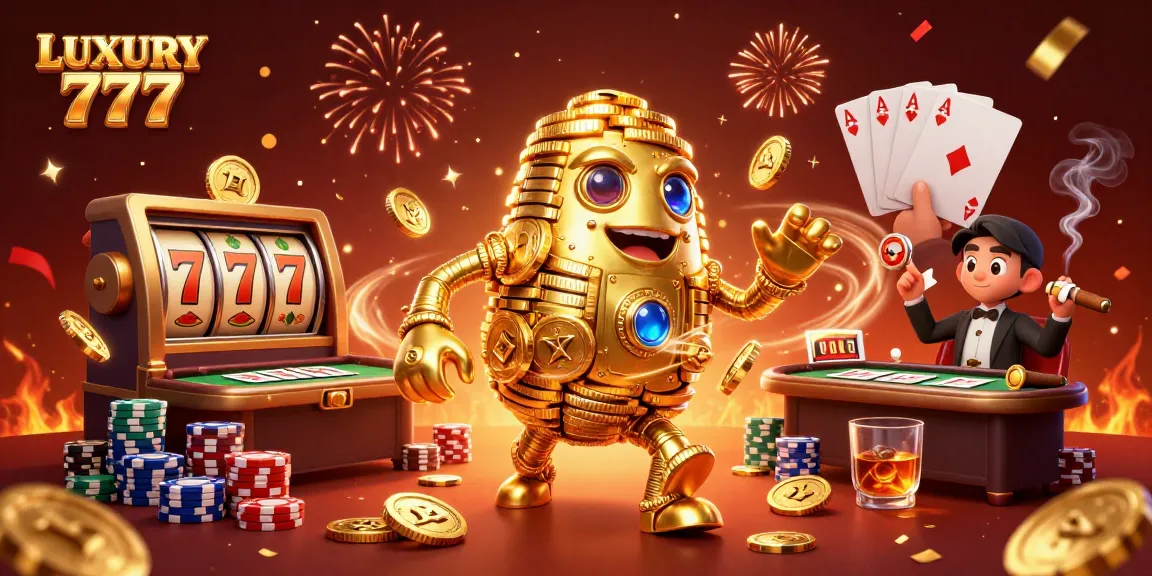 Menghasilkan simbol slot menang besar di LUXURY 777 dengan golem emas dan detail kasino yang mewah.