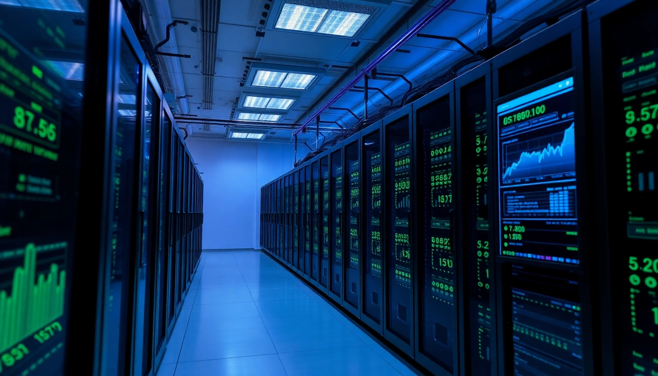 The best cloud mining services in 2025 depicted in a high-tech facility with digital interfaces and ambient lighting.