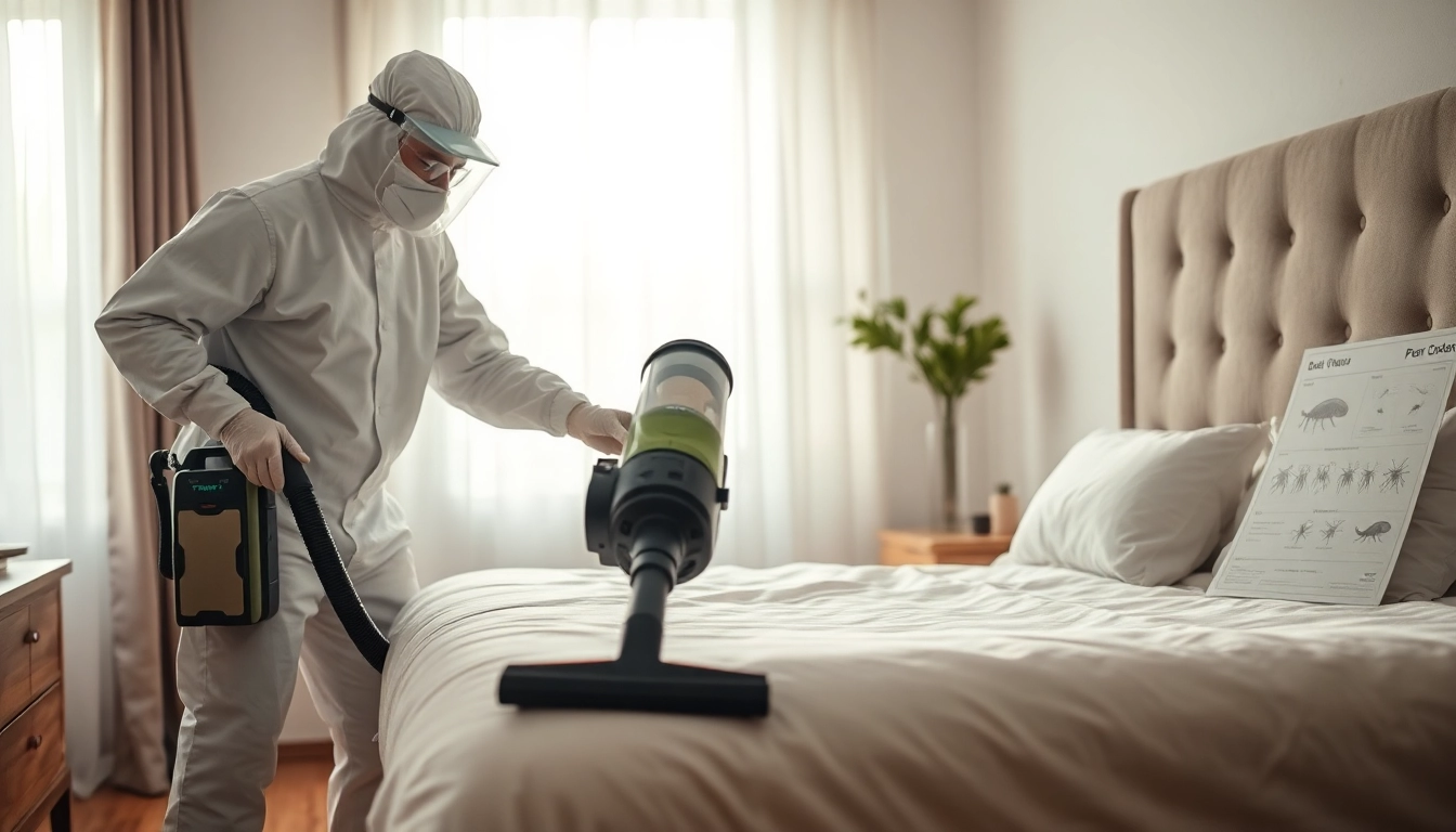 Effective bed bug extermination near me with pest control expert examining a bedroom.