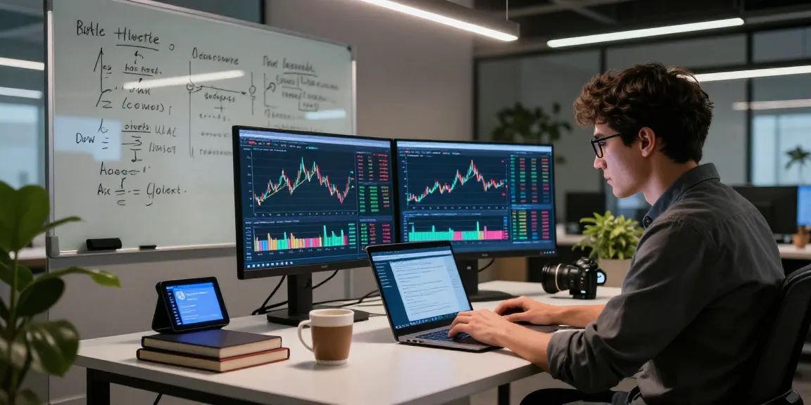 Developer analyzing Dow Jones index API in a modern workspace, showcasing financial data.