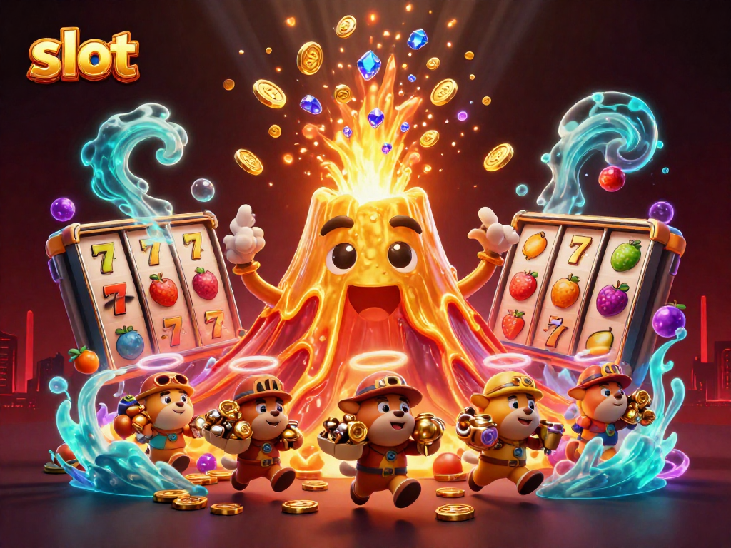 Slot yang ditampilkan dengan letusan gunung berapi emas dan simbol keberuntungan terbang di sekitarnya.