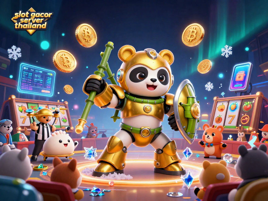 Engage with slot gacor server thailand in a vibrant 3D casino battle scene featuring golden panda and crypto coins.