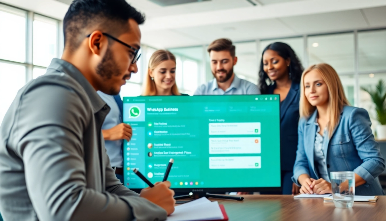 Engaging professionals collaborating on the WhatsApp Business CRM interface in a modern office.