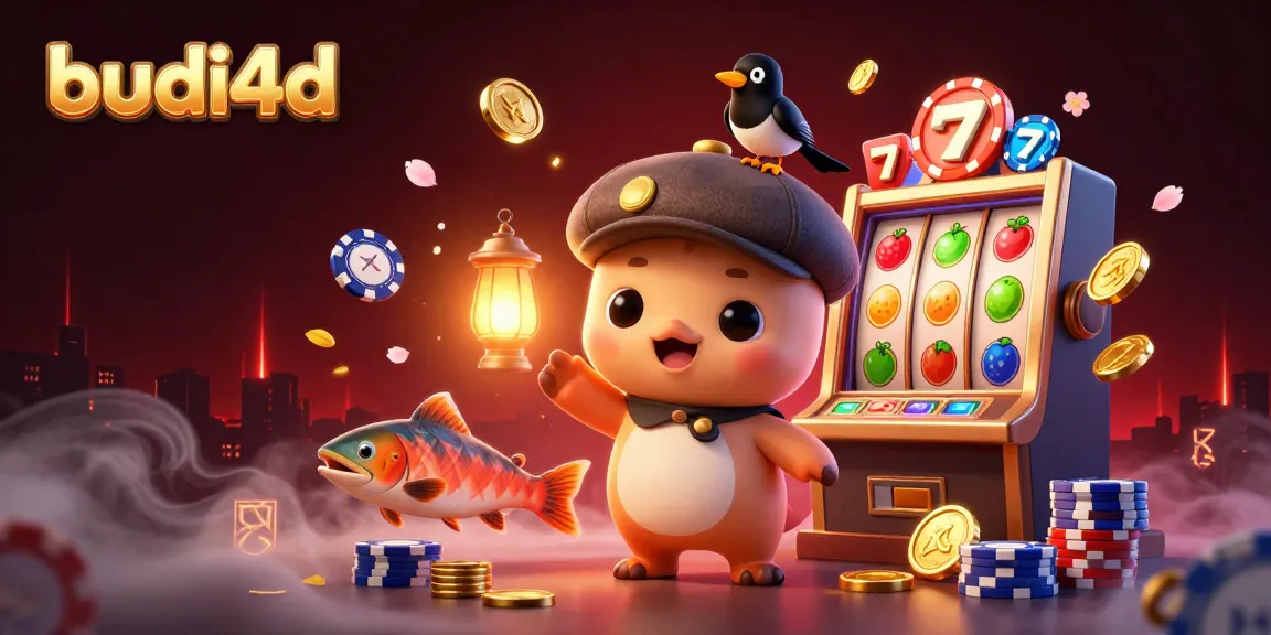 Budi4d offers exciting slot gaming action with a playful Nessie, vibrant chips, and gold coins.