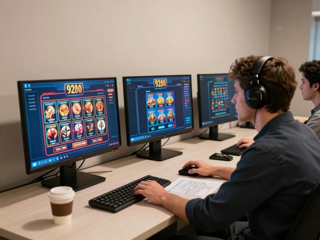 Player analyzing strategy on multiple screens featuring the 92slot online casino interface