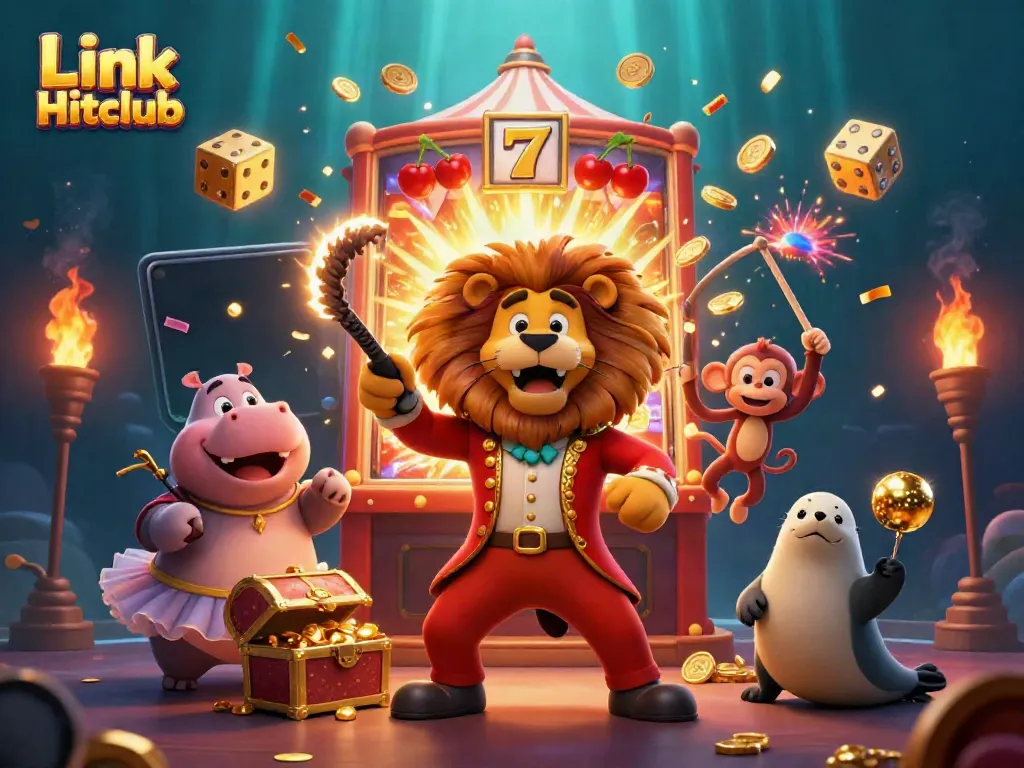 Experience excitement with Link Hitclub in a vibrant 3D casino illustration featuring engaging characters and jackpots.