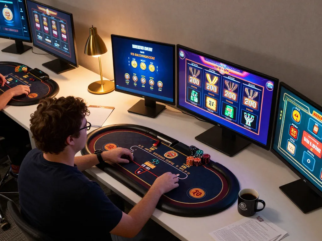 Engaging moment of a player using server thailand in online casino gaming, focusing on excitement in a modern workspace.