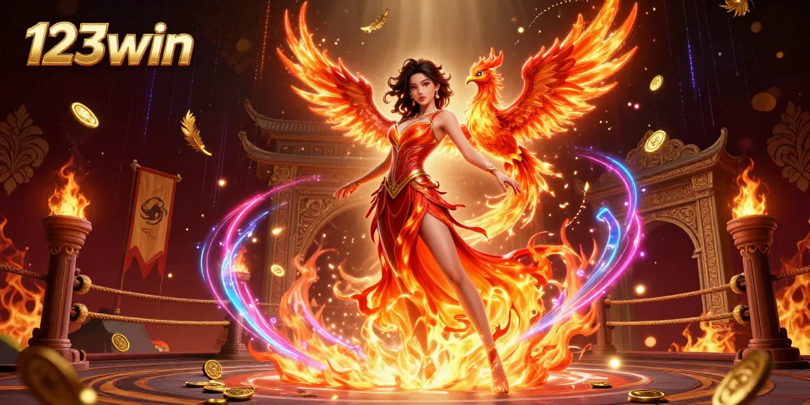 Join the excitement of 123win with a stunning Asian woman and fiery phoenix in a vibrant casino scene.