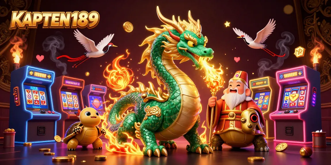 KAPTEN189 menampilkan ilustrasi kasino 3D dengan naga zamrud berapi, ensiklopedia terbang, dan mesin permainan cerah.