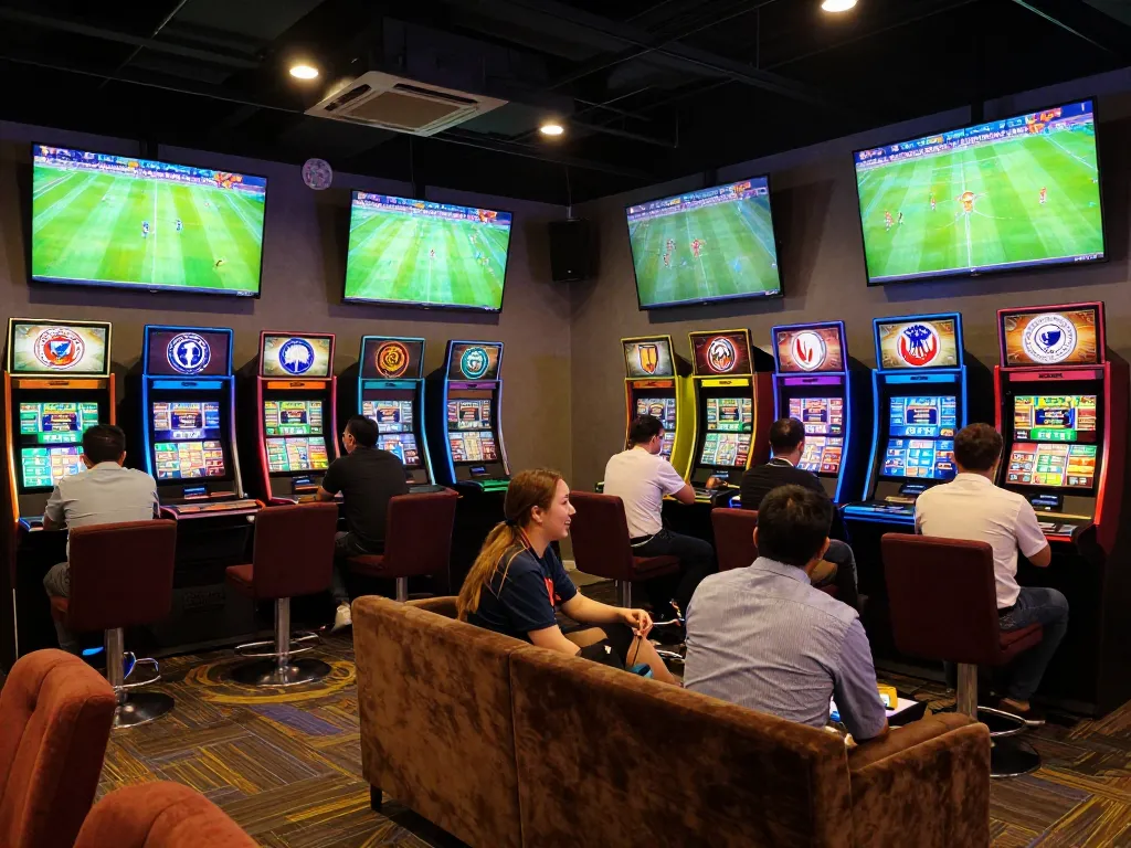 Engaged bettors discussing odds on trang cá cược bóng đá in a vibrant sports betting lounge