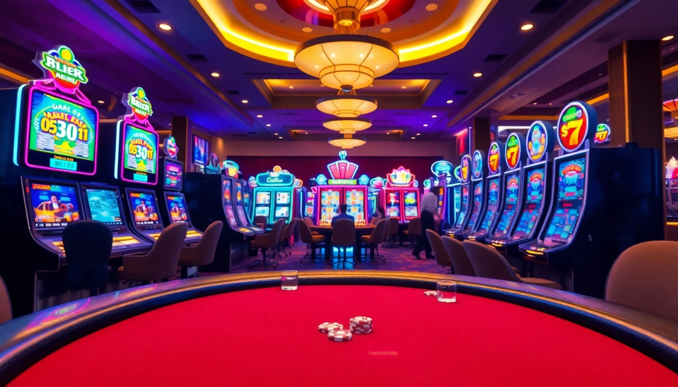 Neue casino bonus ohne einzahlung auf einer lebhaften Spielszene mit Spielautomaten und Pokertisch.