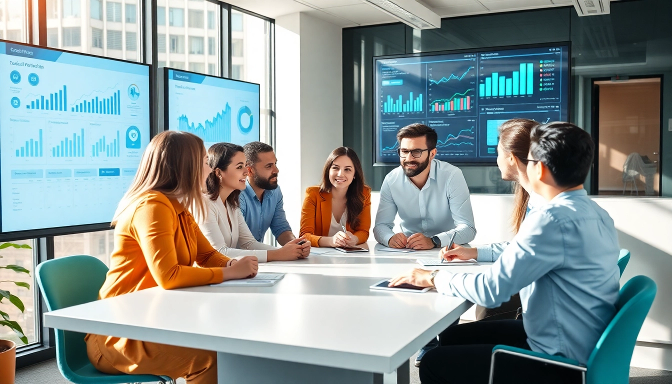 Group collaboration on social media marketing edmonton strategies in a vibrant office.