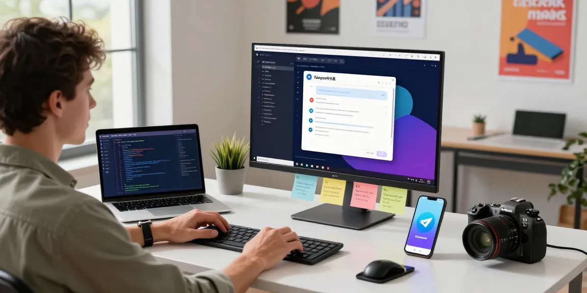 Developer working on Telegram中文版 app interface in a bright, organized workspace.