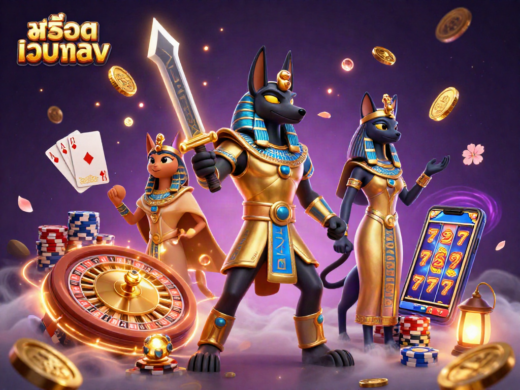 Play winning slots with สล็อตเว็บตรง featuring an Anubis warrior and casino elements.