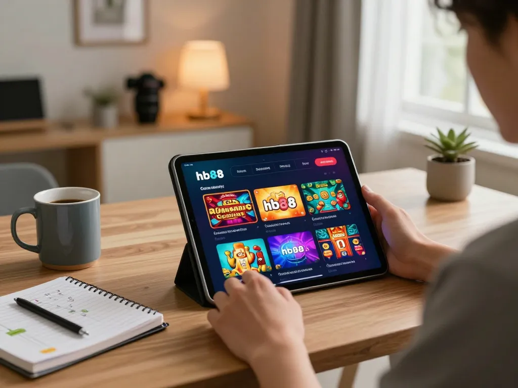 Playing with the hb88 com casino app on a tablet in a cozy home setting