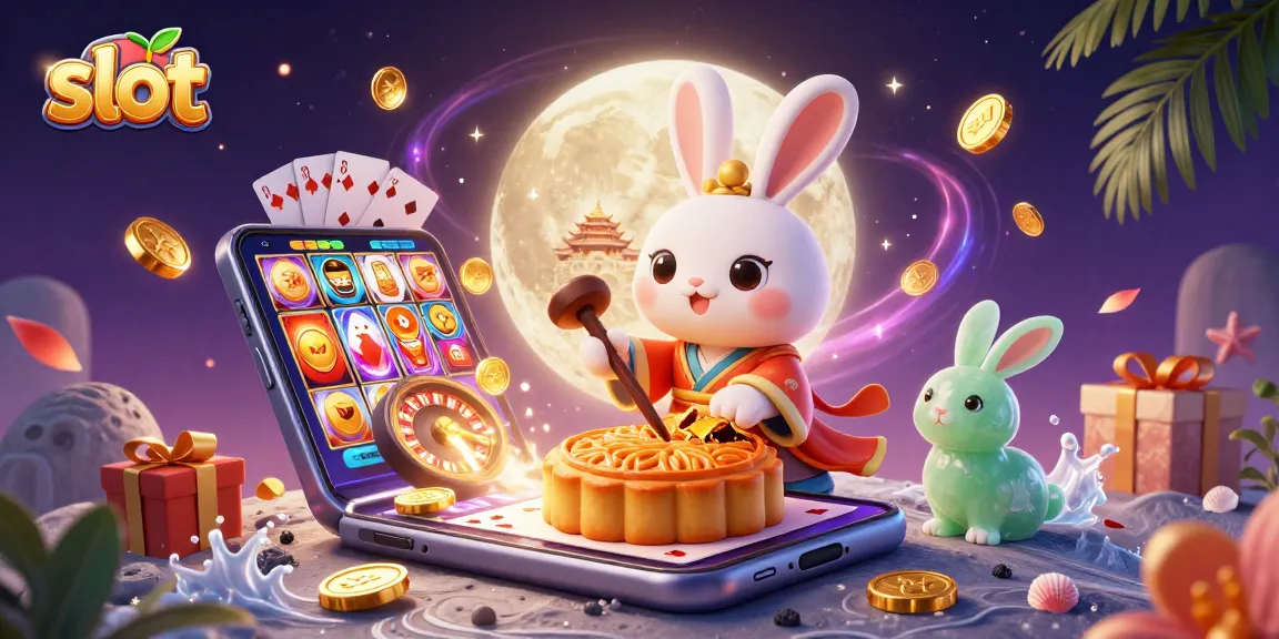 Spin and win at slots with the moon rabbit and jade companion surrounded by casino treasures.