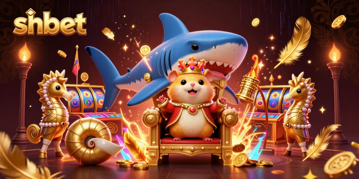 Engaging illustration showcasing shbet's online casino atmosphere with golden hamster king and vibrant game elements.