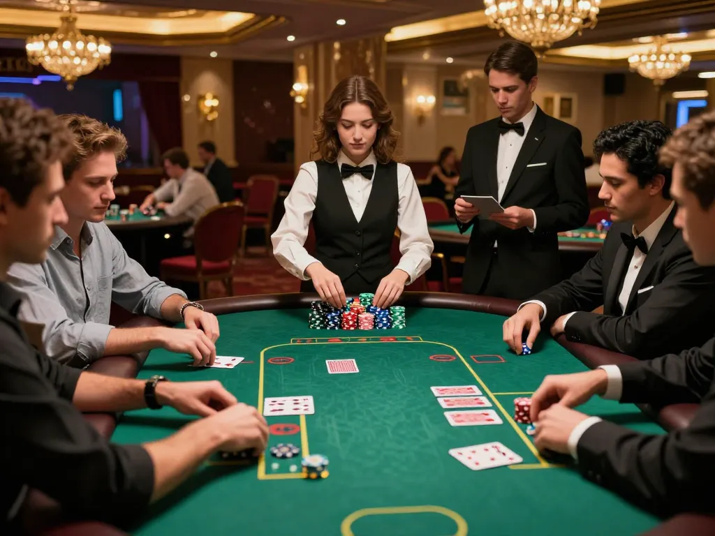 Engaged players at 388bet poker table, colorful chips and cards visible, vibrant casino atmosphere.