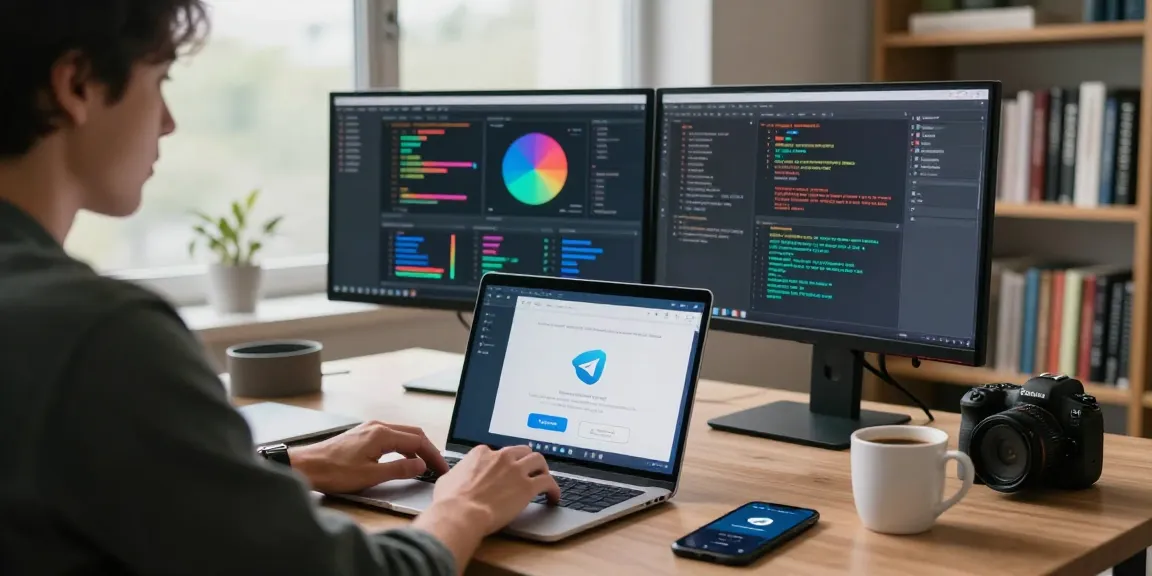 Workstation showcasing telegram中文版 interface on laptop, with productivity elements like coffee and smartphone notifications.