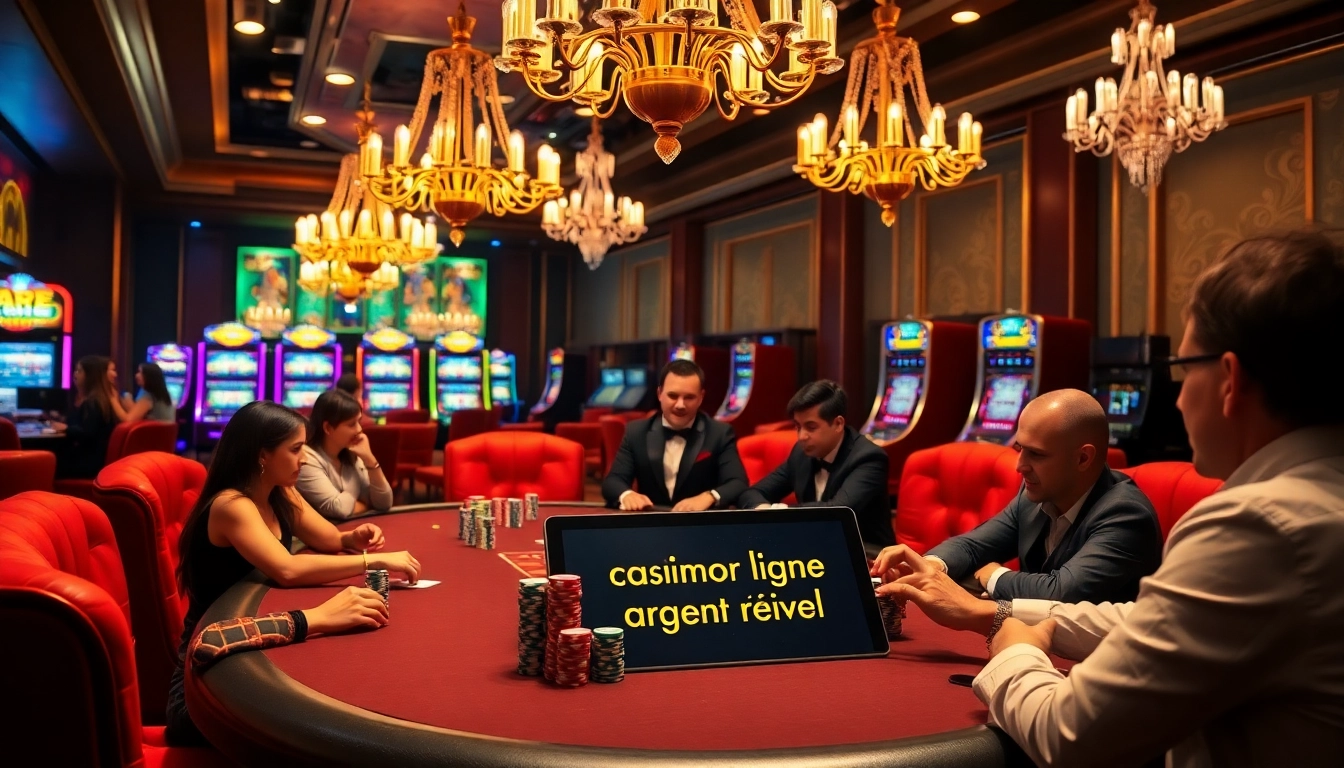 Découvrez l'excitation du casino en ligne argent réel à une table de poker animée, entourée d'excitation.