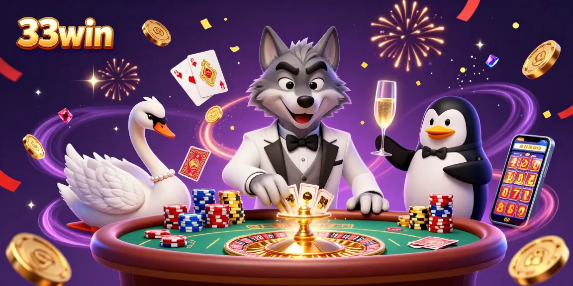 Win big at 33win with a luxurious casino experience featuring cards and champagne.