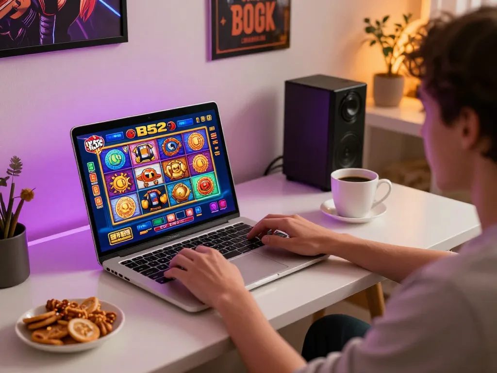Playing B52 Casino games on a sleek laptop in a cozy home setup with a warm atmosphere