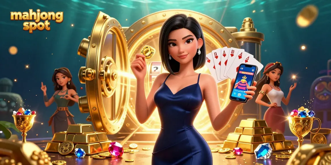 Engage with mahjong slot excitement featuring a stunning woman holding a golden chip and casino app.