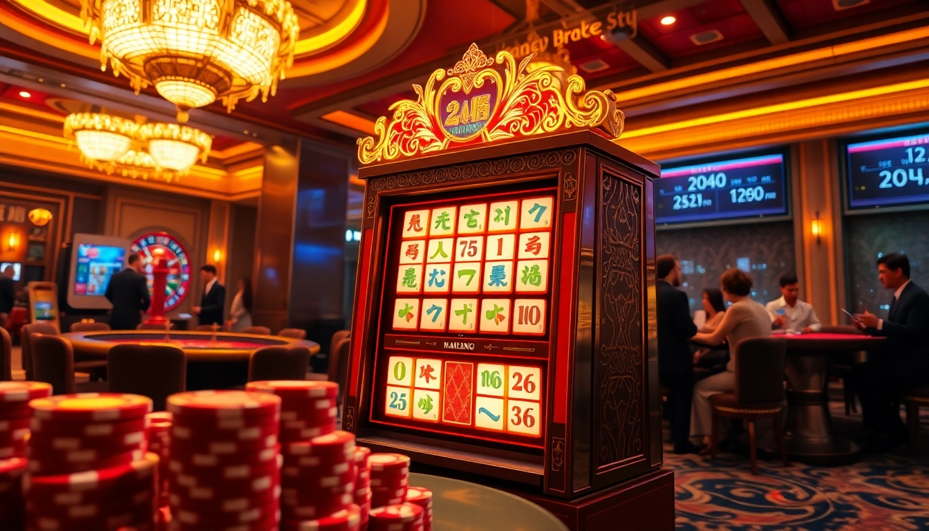 Rasakan sensasi demo slot Mahjong dengan adegan kasino yang terang benderang menampilkan permainan yang hidup dan para pemain.