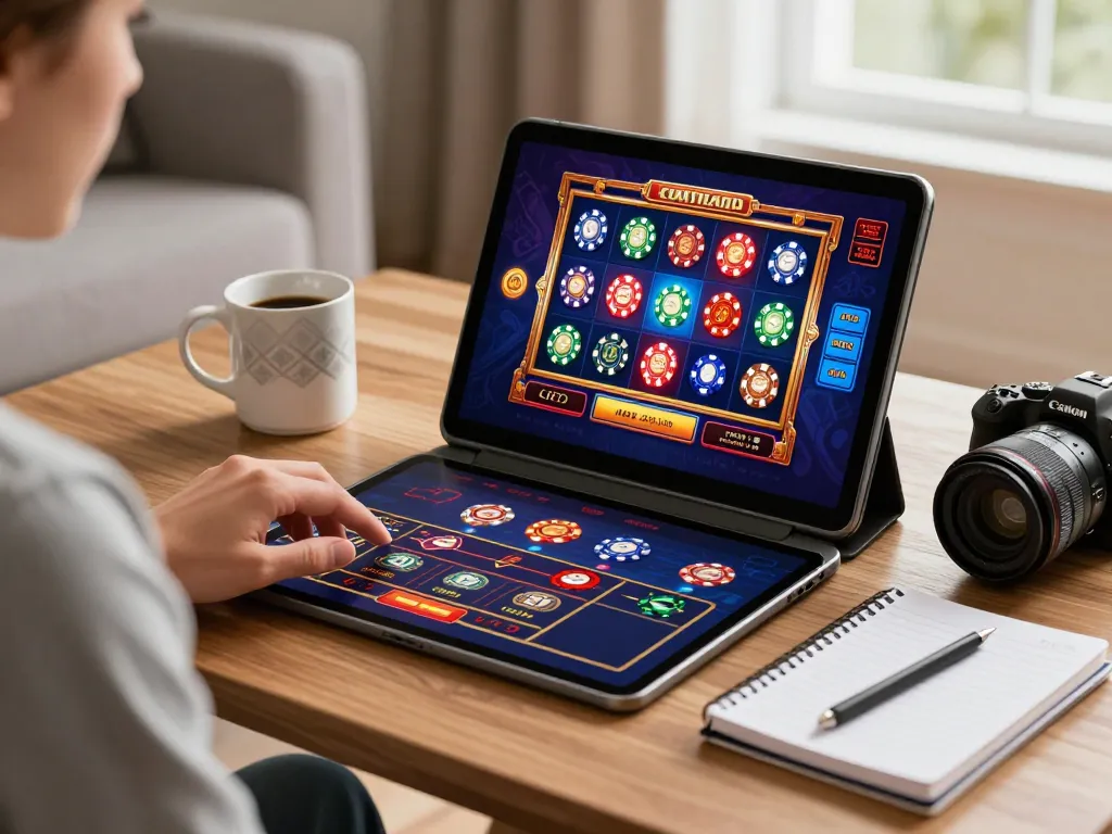 Engaging in casino online gratis senza registrazione on a tablet at home, showcasing an inviting setup