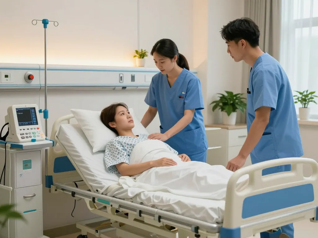 Comfortable patient bed (giường bệnh nhân) in a modern healthcare setting with attentive medical staff.