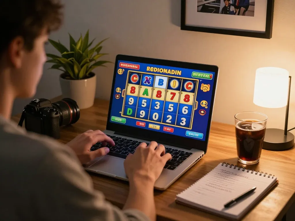 Engaging in slot online gameplay with vibrant visuals on a laptop screen and personal strategy notes.