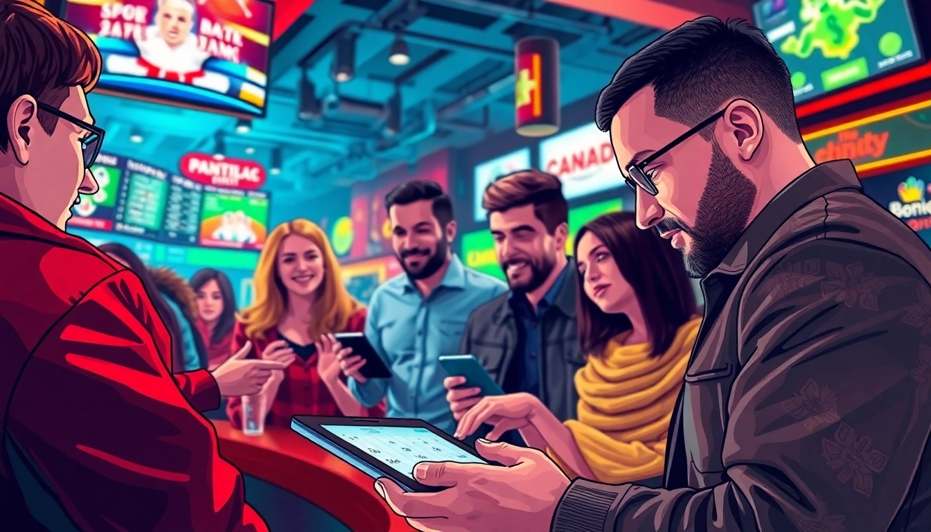 Explore sports betting sites Canada in a lively atmosphere with dynamic elements and engaged bettors.