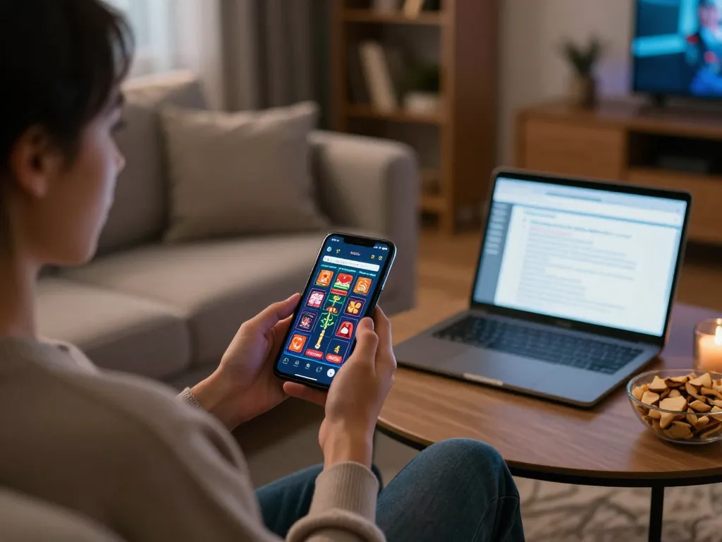 Engaging in online casino games via casinò online non aams con neteller on a smartphone, showcasing a cozy home setting