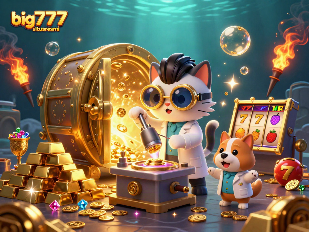 Experience excitement at big777situsresmi with golden treasures and jackpot symbols in this vibrant casino scene.