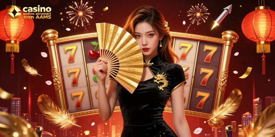 Interagisci con casino online stranieri non AAMS featuring una donna asiatica elegante tra elementi dinamici di giochi di slot.