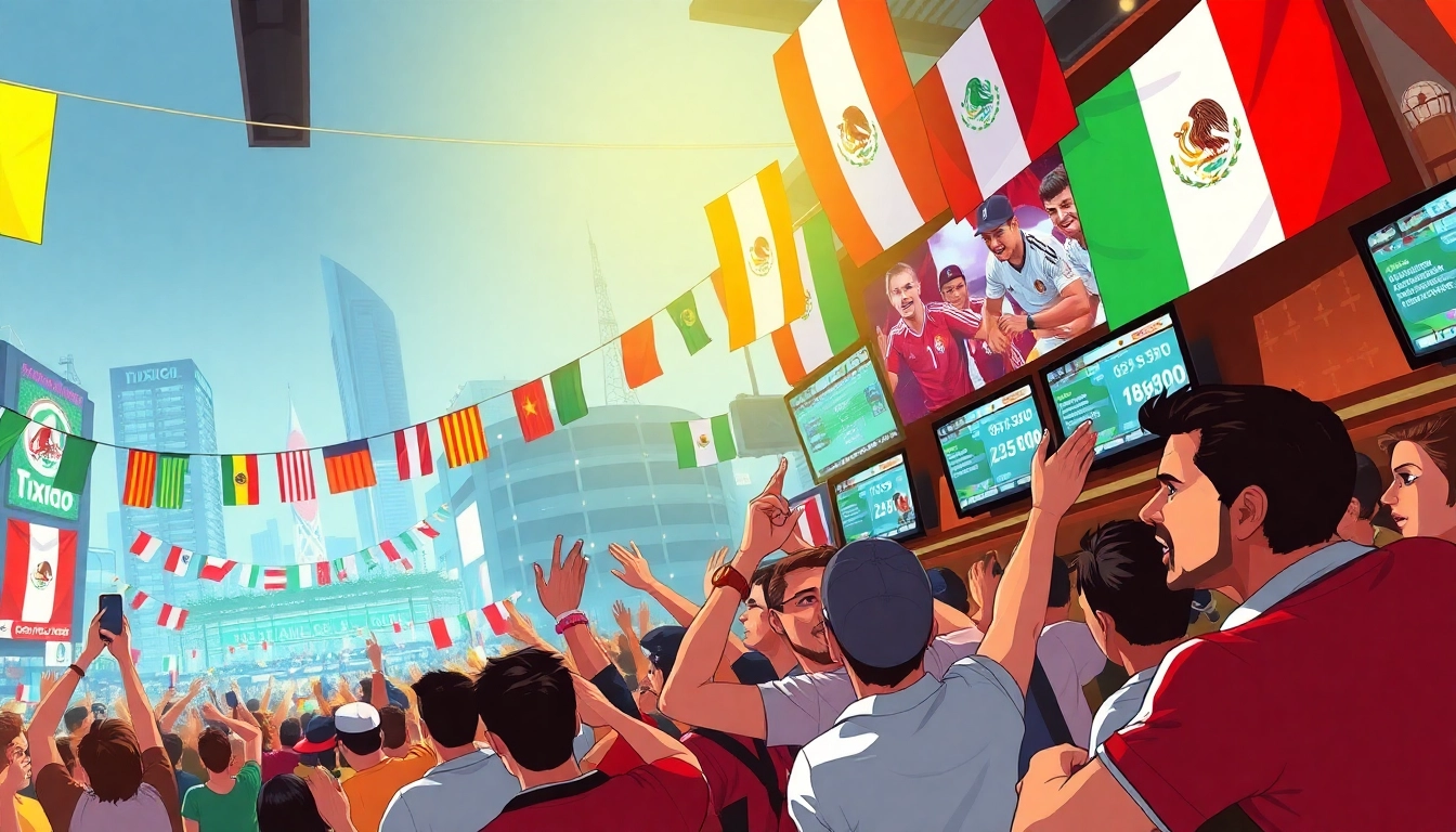Engaging scene of sports betting in Mexico with enthusiastic fans cheering in a lively bar.