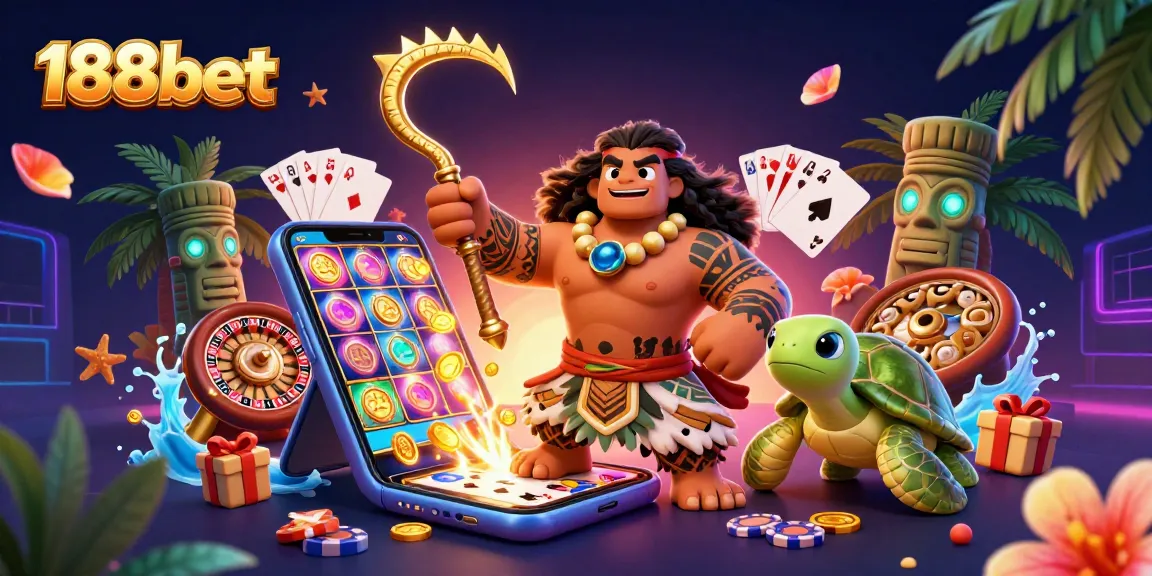 Engage with 188bet's vibrant Hawaiian-themed 3D casino illustration showcasing dynamic slot game elements.