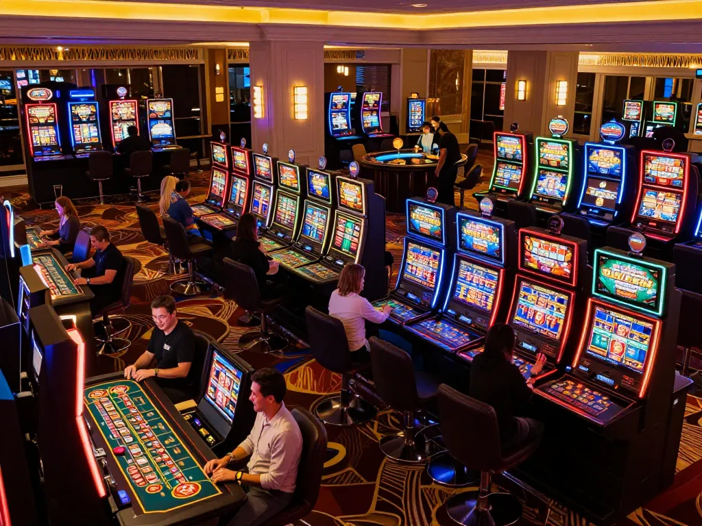 Players engaging with colorful slot machines at 99win casino, highlighting vibrant gaming atmosphere