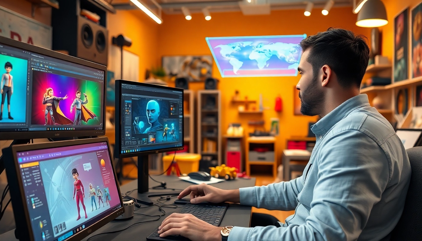 Erstellen von 3D Animationen in einem kreativen Studio-Setting mit Designer und Technik.