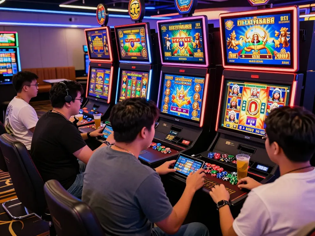 Players enjoying a thrilling gaming session at situs gacor, immersed in exciting slot games with vibrant graphics and lively atmosphere.