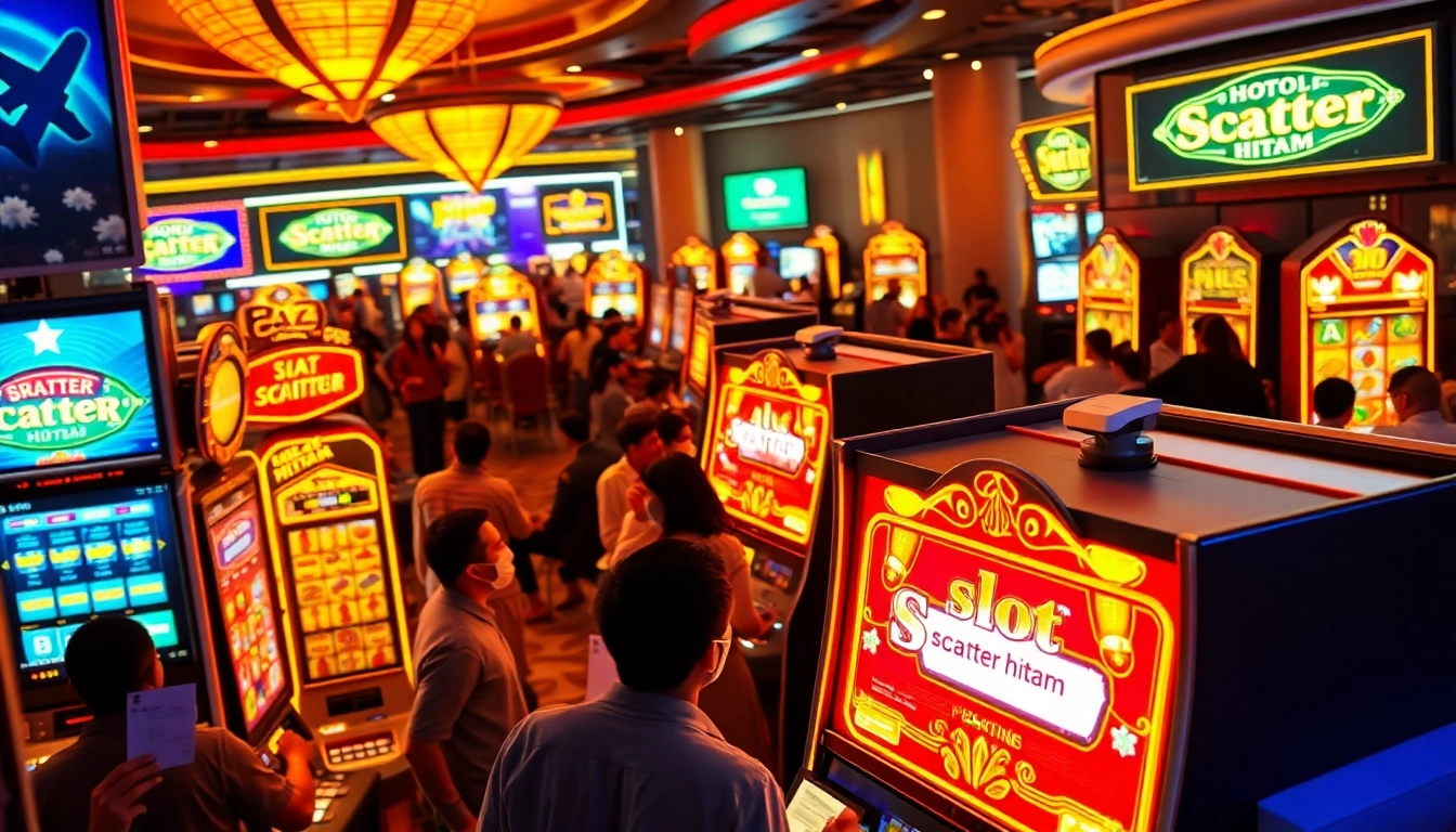 Players experiencing excitement with slot scatter hitam machines in a vibrant casino setting.