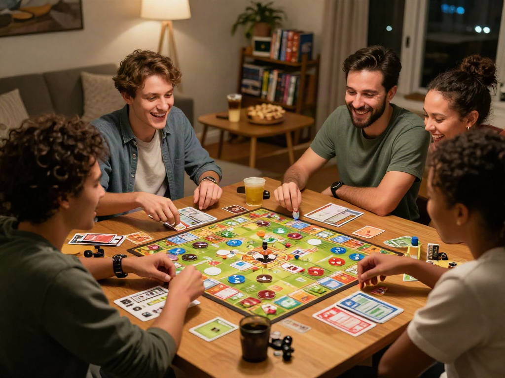 Friends enjoying a lively board game night with colorful game pieces and cards, capturing the essence of fun social interaction around tabletop games.