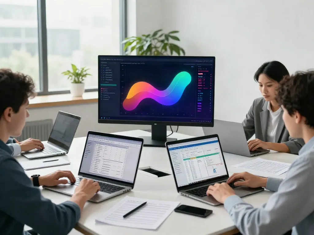 Tax software for multiple locations in use by tax preparers collaborating in a modern workspace.