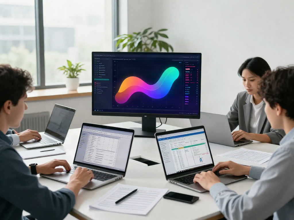 Tax software for multiple locations in use by tax preparers collaborating in a modern workspace.