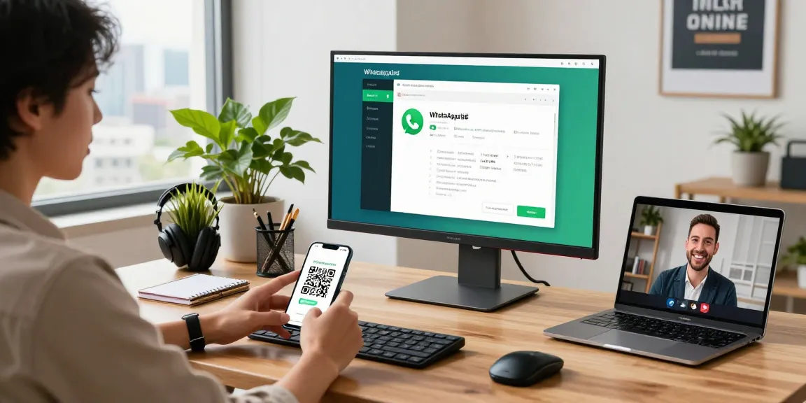 User accessing WhatsApp電腦版 in a modern home office setting.